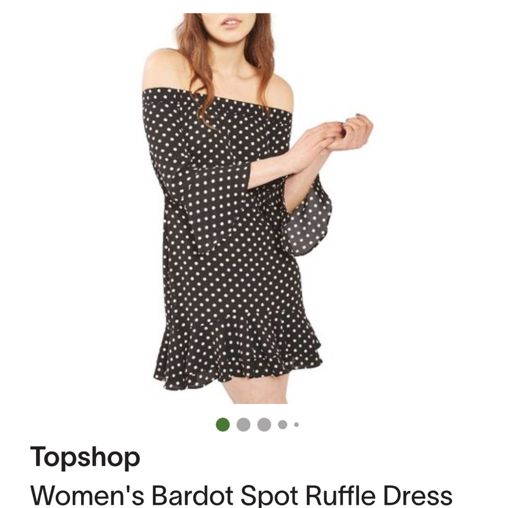Topshop▫️Women’s Bardot Spot Ruffle dress. polka dot,  off the shoulder, black